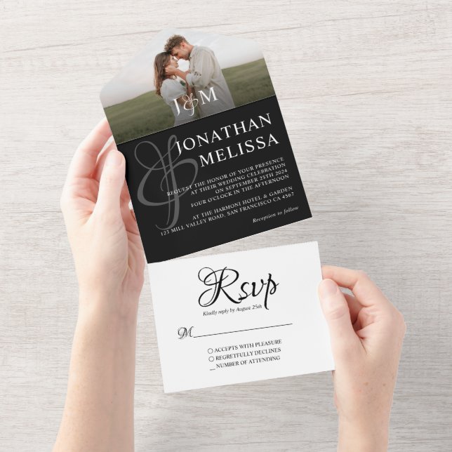 Invitation Tout En Un Élégant Mariage photo noir et blanc (Déchirure)