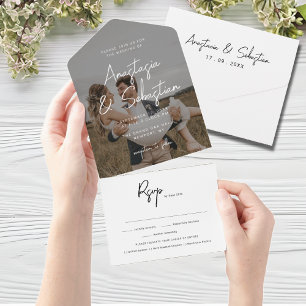 Invitation Tout En Un Élégant Mariage photo RSVP en noir et blanc