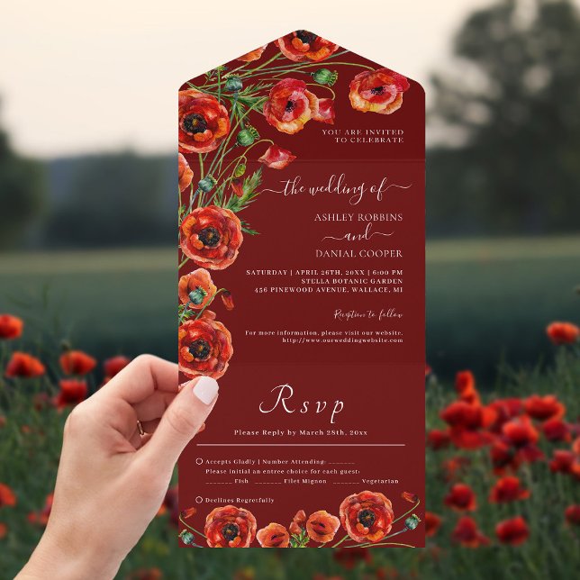 Invitation Tout En Un Élégant Mariage rouge de Bourgogne (Créateur téléchargé)