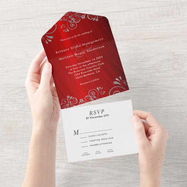 Invitation Tout En Un Élégant Mariage rubis Red Grey (Déchirure)