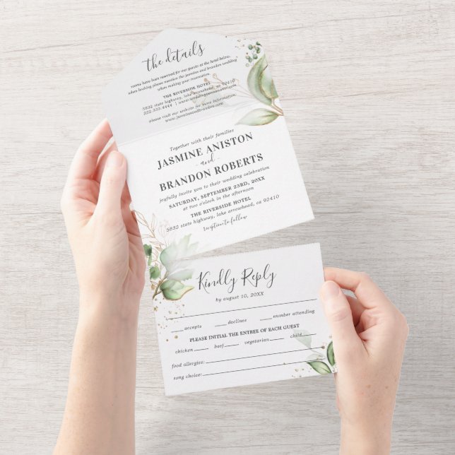 Invitation Tout En Un Élégant Mariage Vert et Or (Déchirure)
