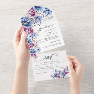 Invitation Tout En Un Élégant Mariage Violet Bleu Fleur Tout En Un