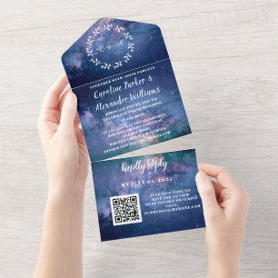 Invitation Tout En Un Elégant Marine Blue Galaxy Moderne RSVP QR Code