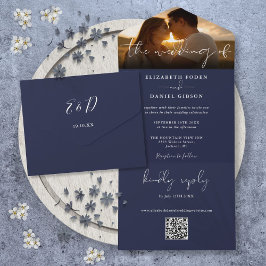 Invitation Tout En Un Elégant Marine moderne bleu QR Code Mariage Photo