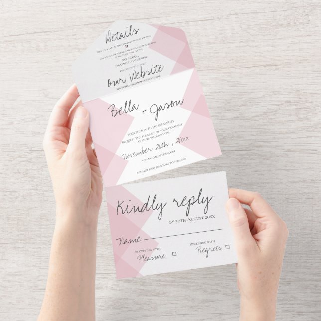 Invitation Tout En Un Élégant mignon Pastel rose Mariage Monogramme (Déchirure)