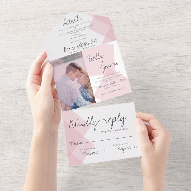 Invitation Tout En Un Élégant mignon Pastel rose Monogramme Mariage phot (Déchirure)