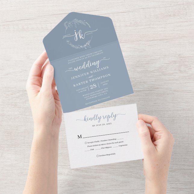 Invitation Tout En Un Élégant minimal Floral Dusty Blue Monogram Mariage (Déchirure)