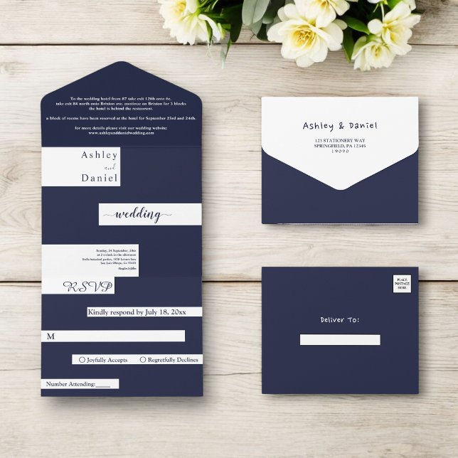 Invitation Tout En Un Elégant Moderne Marine Bleu Blanc Mariage élégant (Créateur téléchargé)