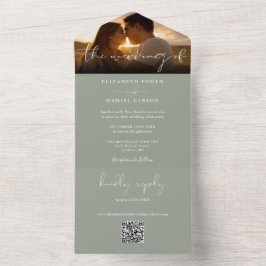 Invitation Tout En Un Élégant moderne Sage vert QR Code Mariage Photo