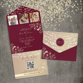 Invitation Tout En Un Élégant Monogramme Bordeaux et Or Mariage
