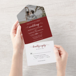 Invitation Tout En Un Élégant Monogramme Bourgogne Photo Mariage Rsvp