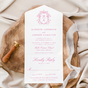 Invitation Tout En Un Élégant Monogramme de Mariage à Crête Rose Chinois
