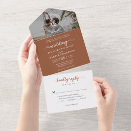 Invitation Tout En Un Élégant Monogramme En Terracotta Photo Mariage Rsv