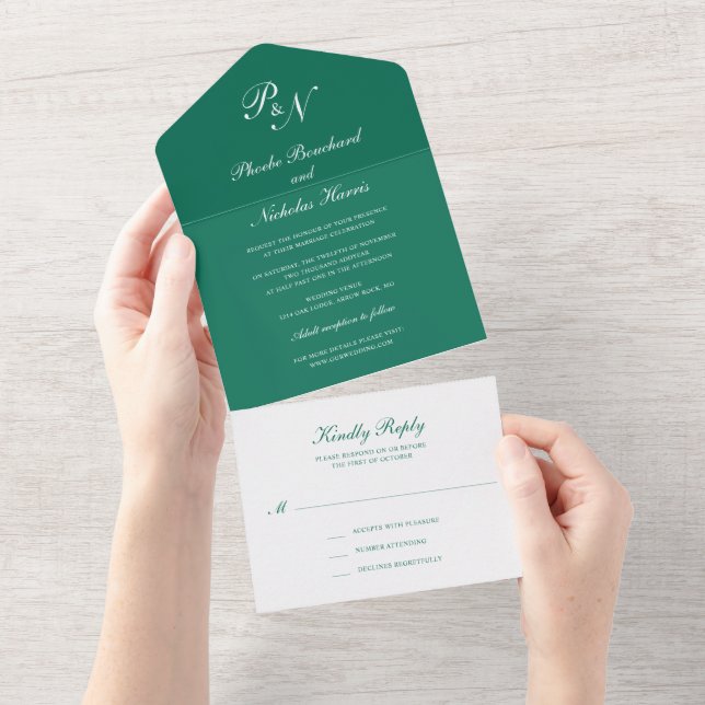 Invitation Tout En Un Élégant Monogramme Formal Emerald Green Mariage (Déchirure)