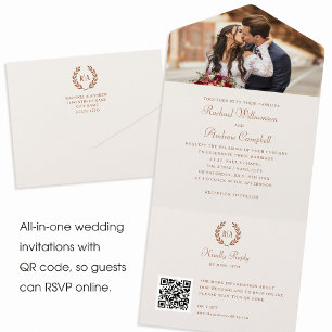 Invitation Tout En Un Élégant Monogramme photo QR Mariage de crème en te