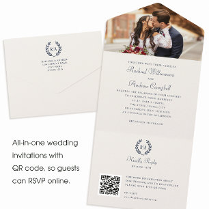 Invitation Tout En Un Élégant Monogramme QR Code Marine Mariage bleu