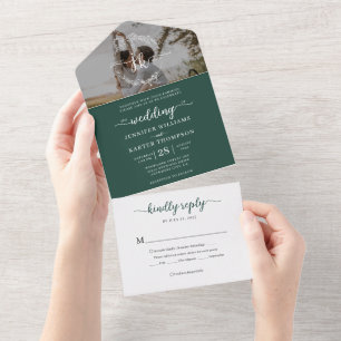 Invitation Tout En Un Élégant Monogramme Vert Photo Mariage Rsvp