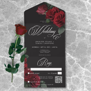 Invitation Tout En Un Élégant Moody Blood Red Roses Mariage QR Code