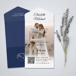 Invitation Tout En Un Elegant Navy Blue QR Code Site Web Mariage photo