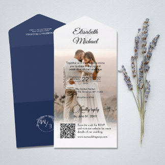 Invitation Tout En Un Elegant Navy Blue QR Code Site Web Mariage photo