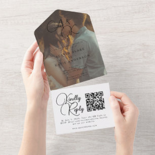 Invitation Tout En Un Élégant noir blanc Monogramme Mariage photo
