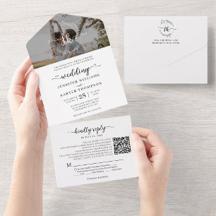 Invitation Tout En Un Élégant noir blanc Monogramme QR Code Mariage phot
