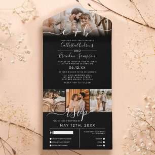 Invitation Tout En Un Elégant noir blanc photo Monogramme mariage RSVP
