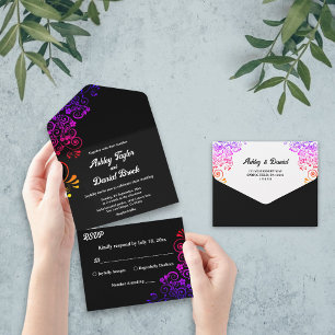Invitation Tout En Un Élégant noir et blanc orné Mariage floral
