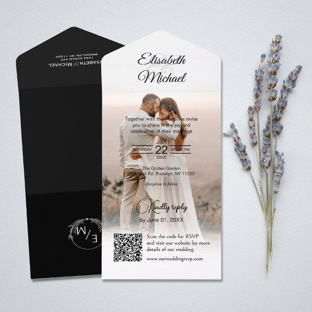 Invitation Tout En Un Élégant noir et blanc QR Code Mariage photo (All-in-one wedding invitation with QR code to RSVP - Simplify and save time for you and your guests.)