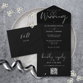 Invitation Tout En Un Élégant noir et blanc QR Code Monogramme Mariage