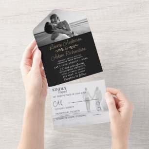 Invitation Tout En Un Élégant Noir & Or Calligraphie Mariage photo