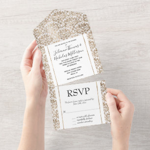Invitation Tout En Un Elégant or blanc Chic Damask