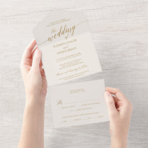 Invitation Tout En Un Élégant or calligraphie Mariage ivoire