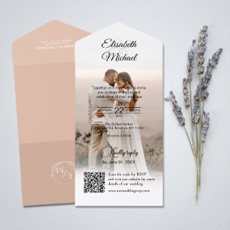 Invitation Tout En Un Elegant Peach QR Code Mariage photo