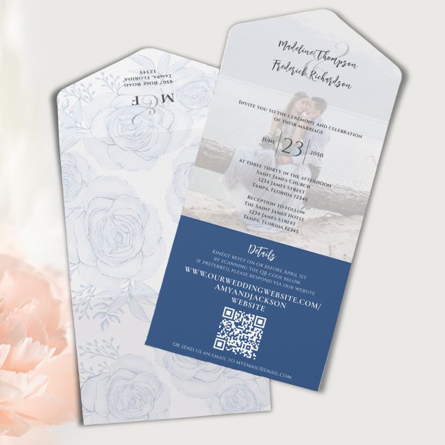 Invitation Tout En Un Elégant phoque floral bleu et Mariage envoyé (Elegant floral blue all-in-one wedding invitation with blue floral roses.)