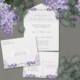 Invitation Tout En Un Élégant Photo Mariage Géométrique Or Lys Violet