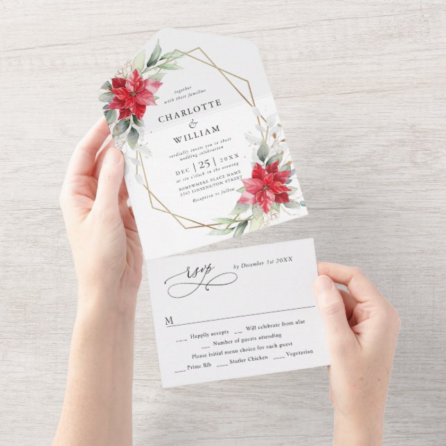 Invitation Tout En Un Élégant Poinsettia Mariage de verdure hivernale (Déchirure)