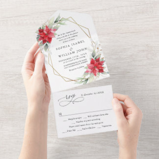 Invitation Tout En Un Élégant Poinsettia Mariage de verdure hivernale