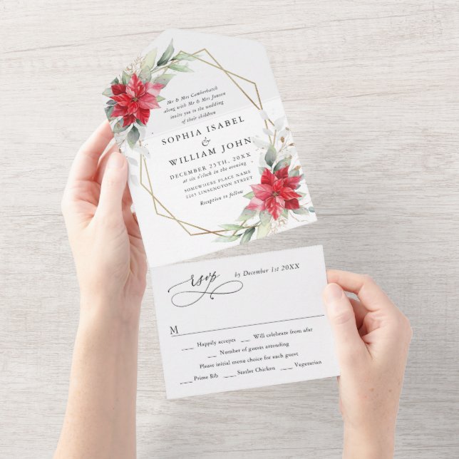 Invitation Tout En Un Élégant Poinsettia Mariage de verdure hivernale (Déchirure)