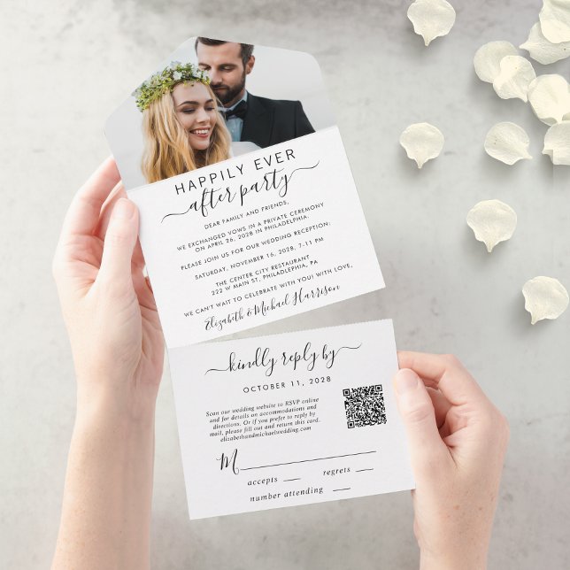 Invitation Tout En Un Elégant QR Code Photo Mariage Réception (An chic Happily Ever After Party all-in-one invitation for your wedding celebration)