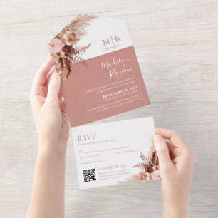 Invitation Tout En Un Élégant Rose Boho Pink Pampas QR Code Mariage