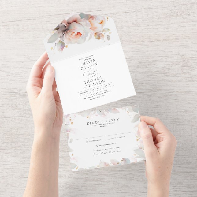 Invitation Tout En Un Élégant Rose doux Fleurs Boho Mariage (Déchirure)