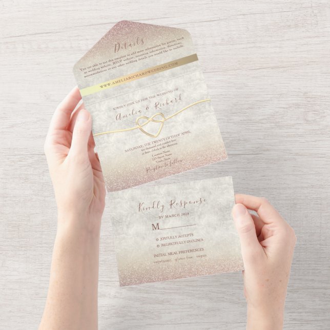 Invitation Tout En Un Élégant Rose Mariage or (Déchirure)