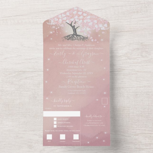 Invitation Tout En Un Élégant Rose Pink Heart Leaf Tree Mariage (À l'intérieur)