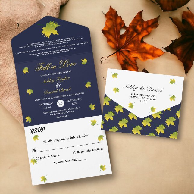 Invitation Tout En Un Elégant Rustic Fall Feuilles Marine Blue Chic Mari (Créateur téléchargé)