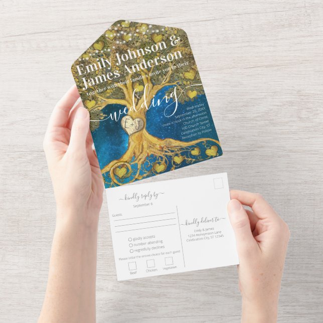Invitation Tout En Un Elégant Rustic Gold Heart Leaf Mariage (Déchirure)