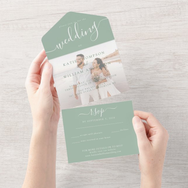 Invitation Tout En Un Élégant Sage Green Calligraphy Mariage photo (Déchirure)