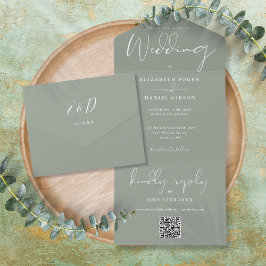 Invitation Tout En Un Élégant Sage Green QR Code Monogramme Mariage