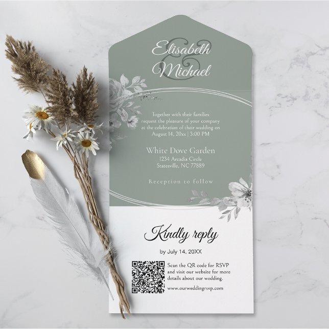 Invitation Tout En Un Elégant Sage Green QR Code Monogramme Mariage RSVP (All-in-one wedding invitation with QR code to RSVP - Simplify and save time for you and your guests.)