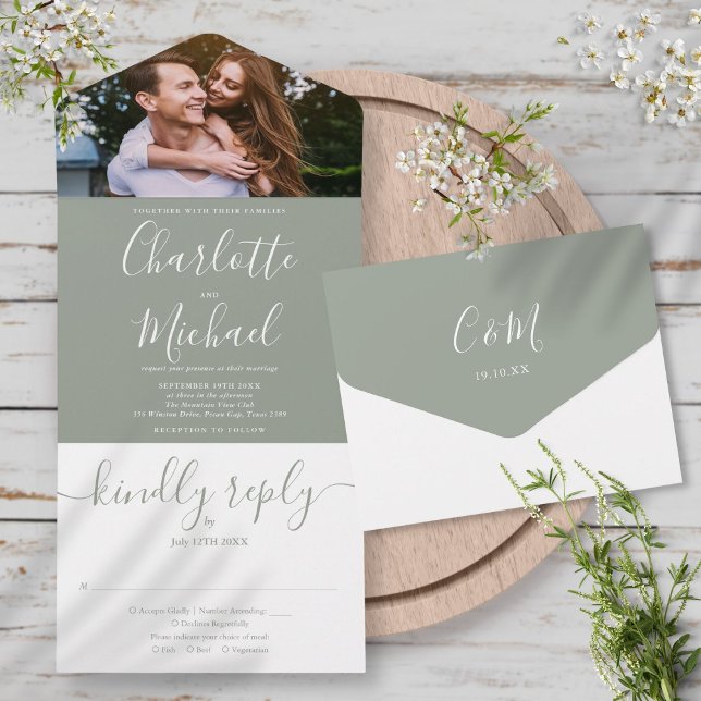 Invitation Tout En Un Elegant Sage Green Script moderne Mariage photo (Elegant Sage Green Modern Script Photo Wedding All In One Invitation)